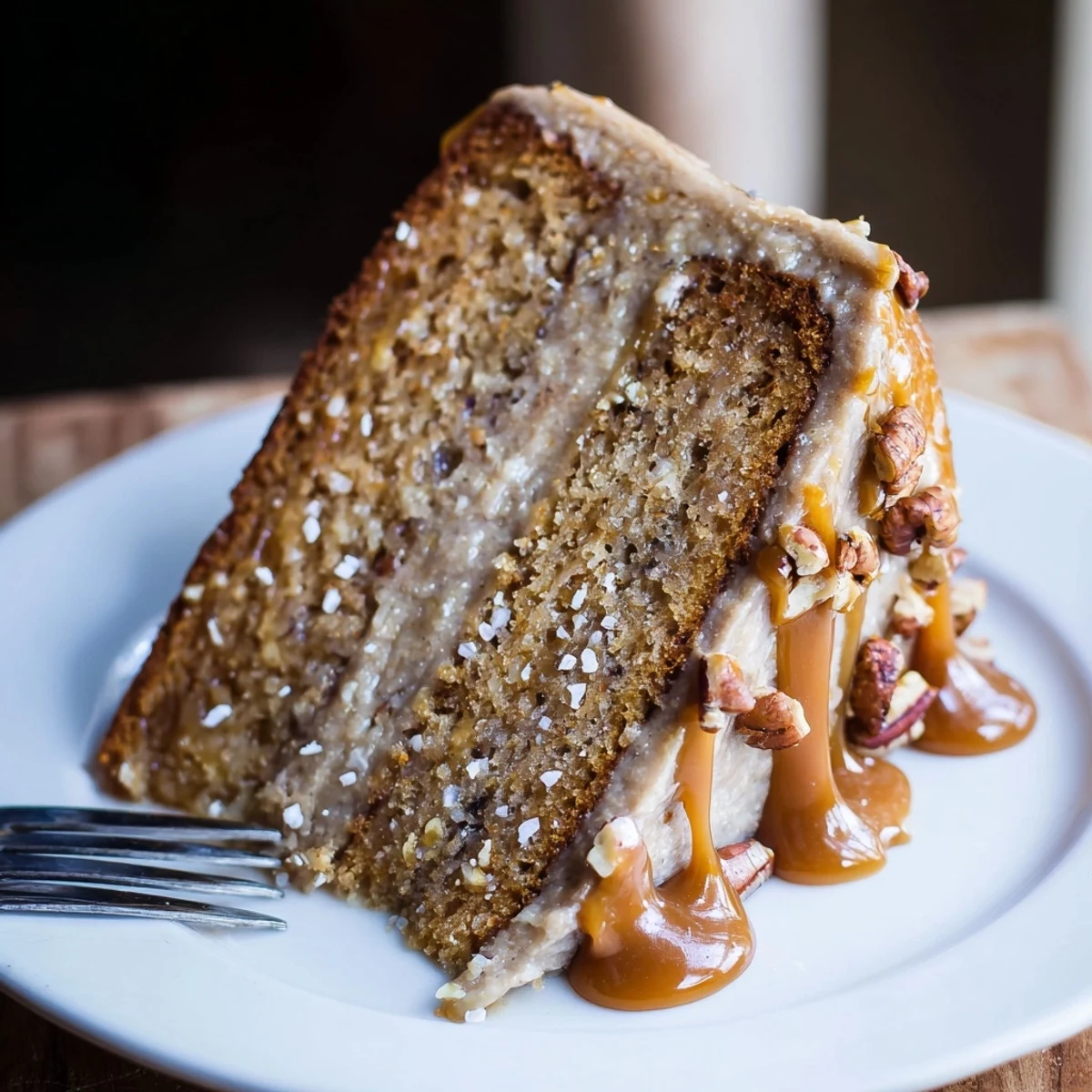 Salted Caramel Brown Butter Banana Cake layered with glossy caramel and flaky sea salt