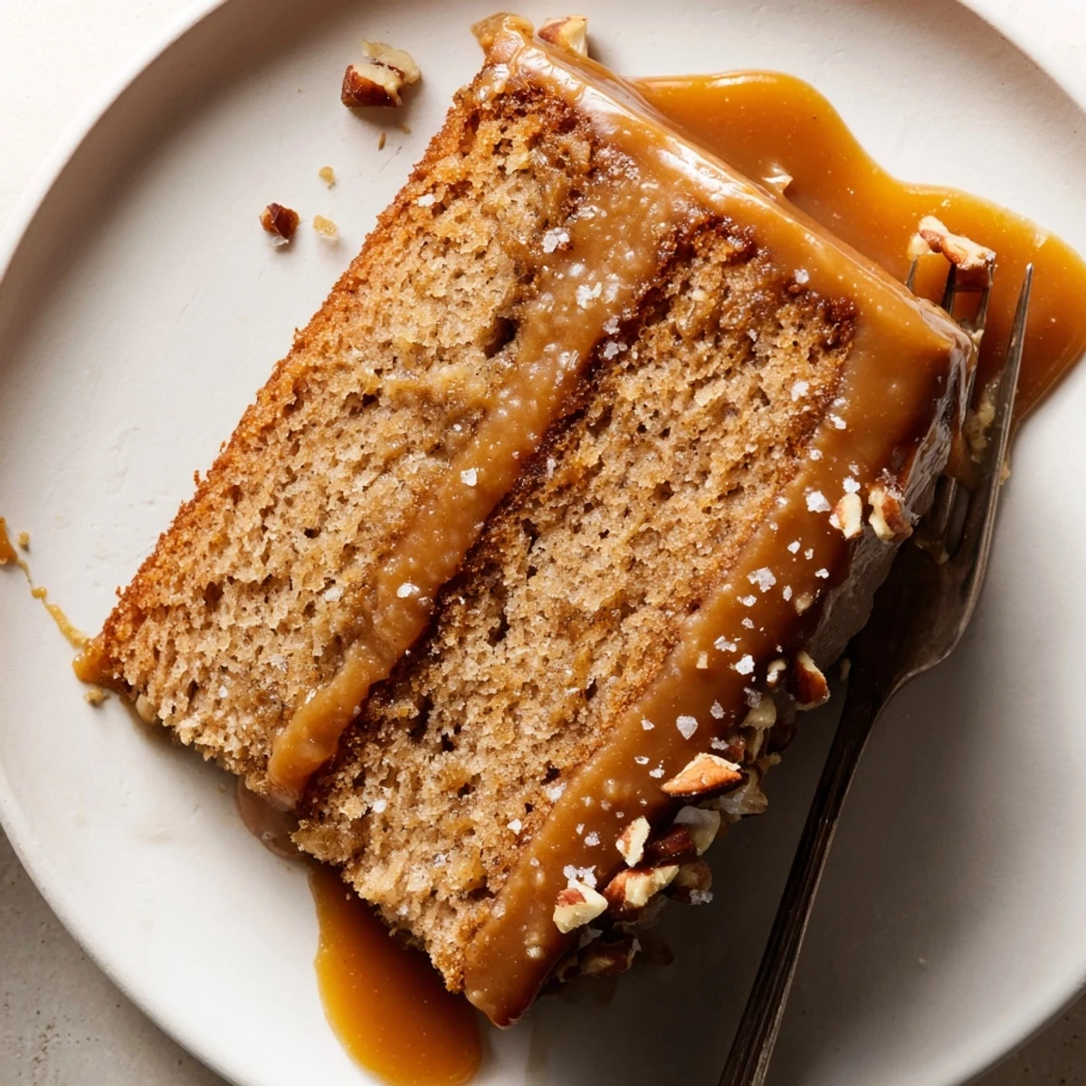 Fresh-baked Salted Caramel Brown Butter Banana Cake cooling on wire rack, nutty aroma