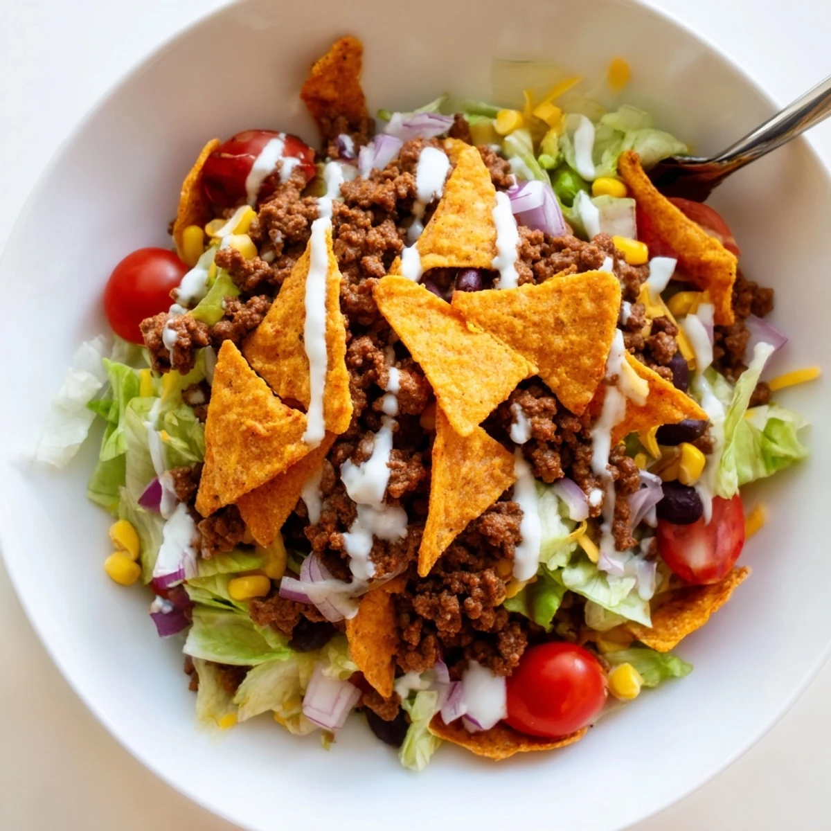 Simple Doritos Taco Salad piled high with crunchy chips, tangy ranch drizzle