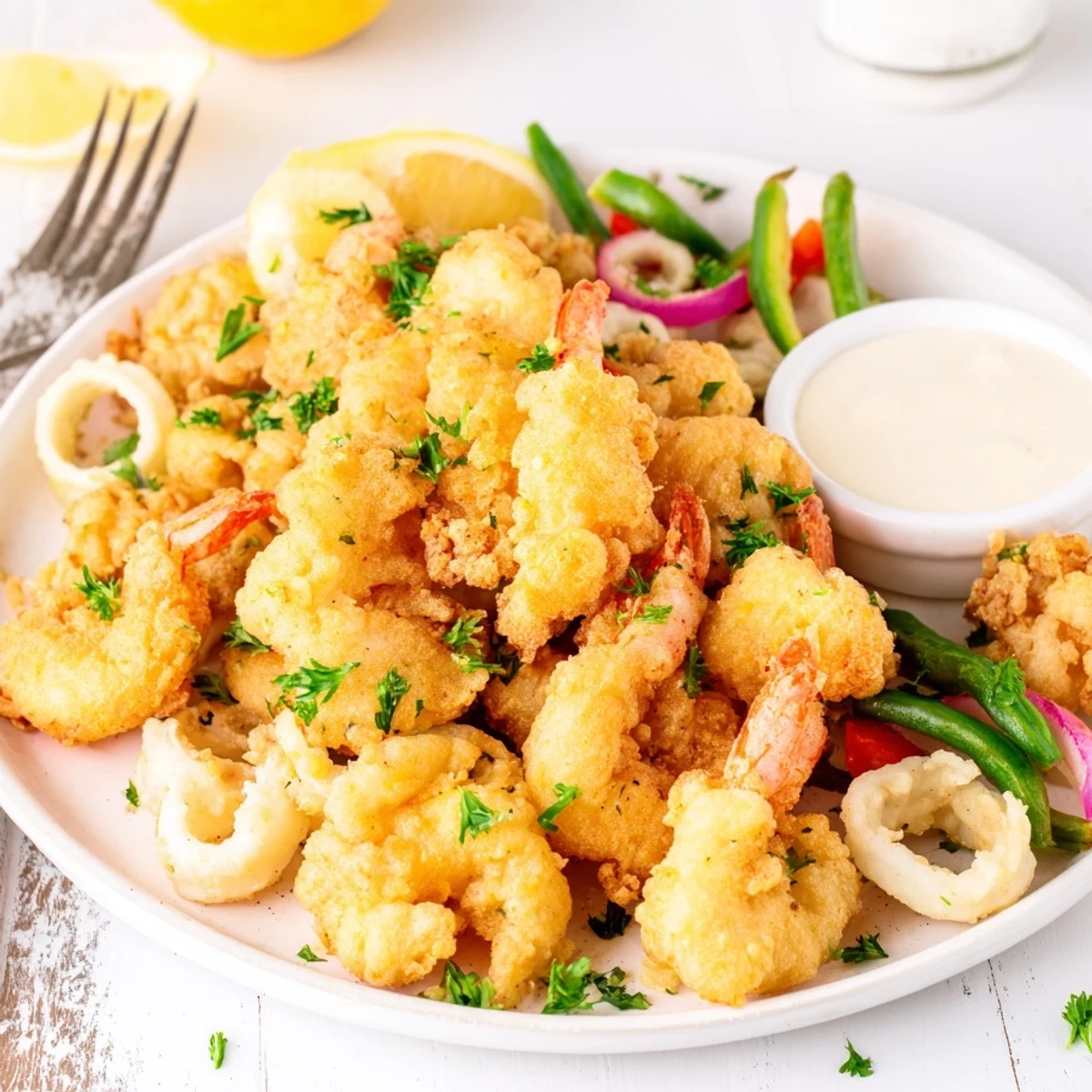Golden Crispy Shrimp Fritto Misto served with aioli, parsley garnish, steaming  