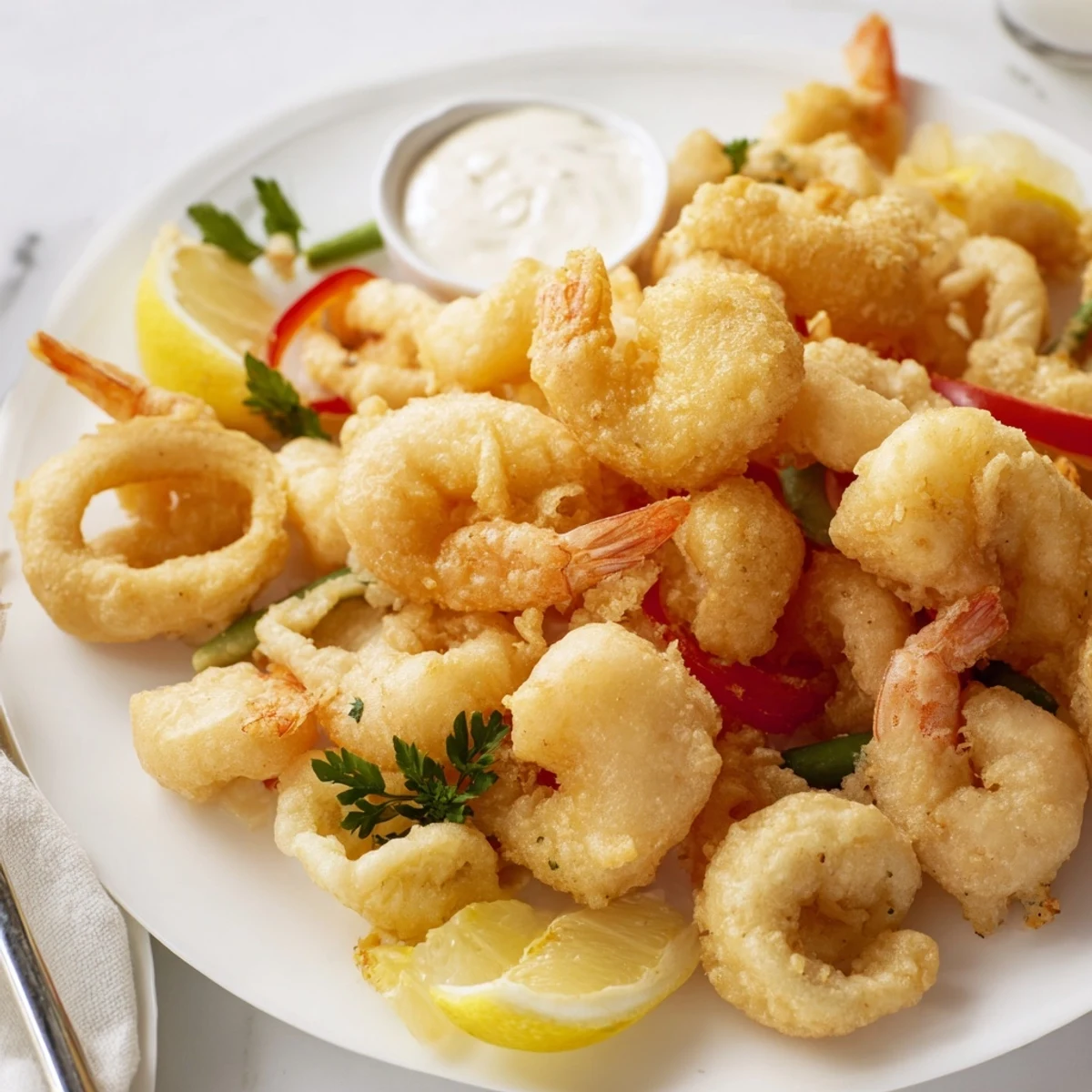 Crispy Shrimp Fritto Misto piled on platter with lemon wedges, sizzling  
