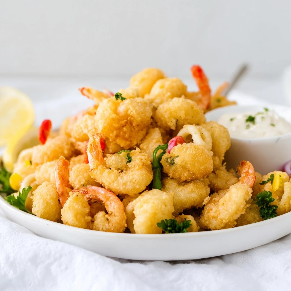 Handheld Crispy Shrimp Fritto Misto bites, crunchy batter and bright lemon