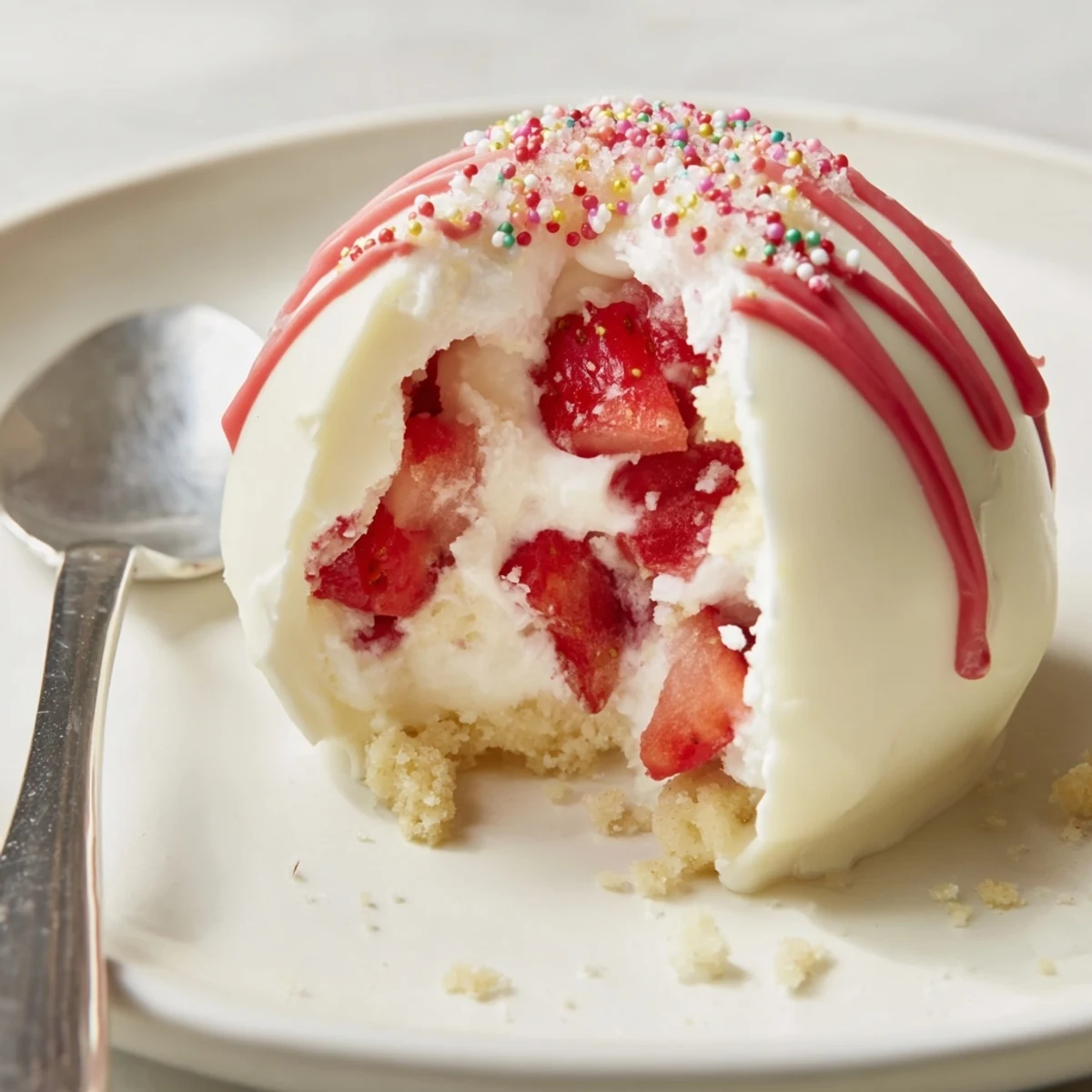 Plated Strawberry Shortcake Easter Egg Bombs garnished with sprinkles, ready for spring