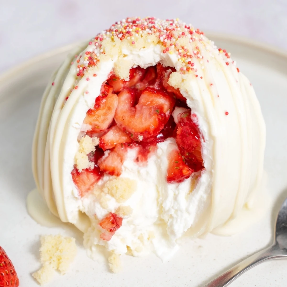 Homemade Strawberry Shortcake Easter Egg Bombs oozing strawberry filling, chilled and delicate