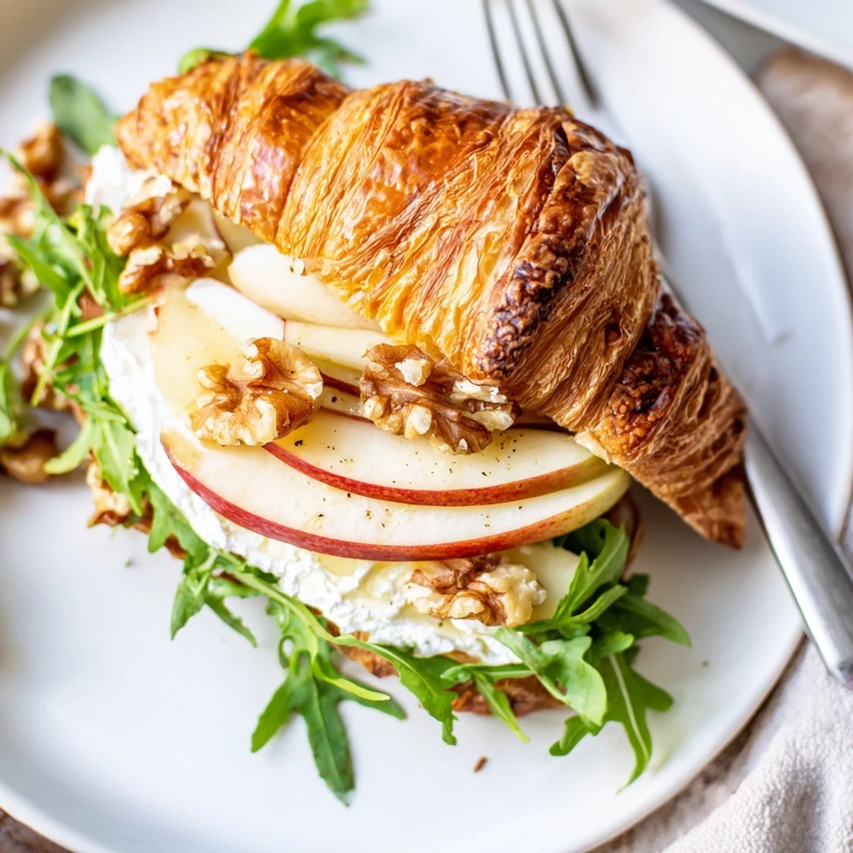 Apple Goat Cheese Croissant Sandwich with crisp apple slices, creamy cheese, arugula.
