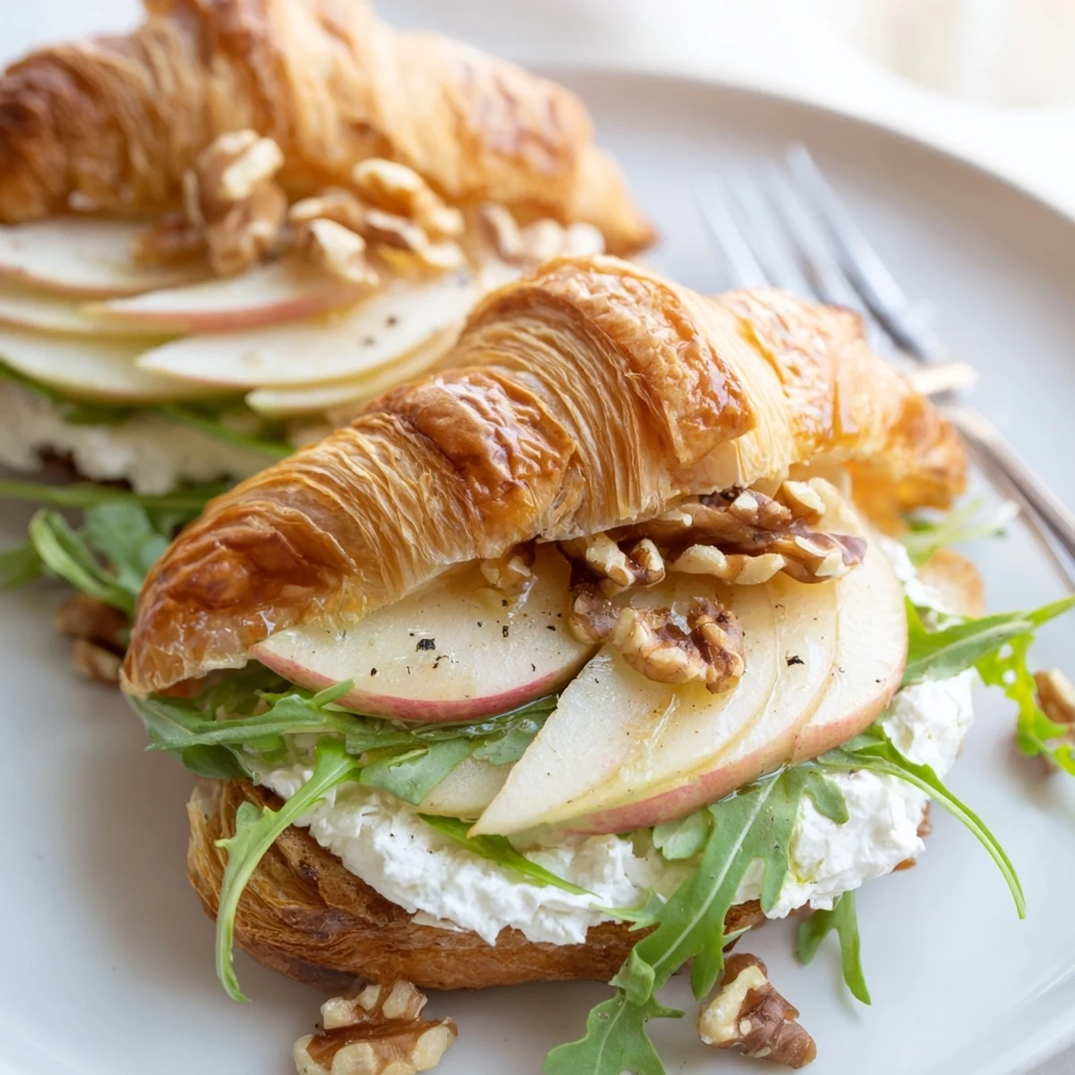 Toasted Apple Goat Cheese Croissant Sandwich layered with honey drizzle, crunchy walnuts.