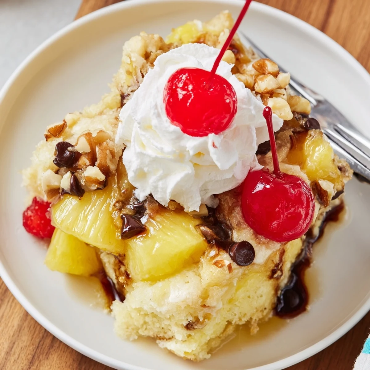 Hot Banana Split Dump Cake bubbling with melted chocolate, cherries, and whipped cream