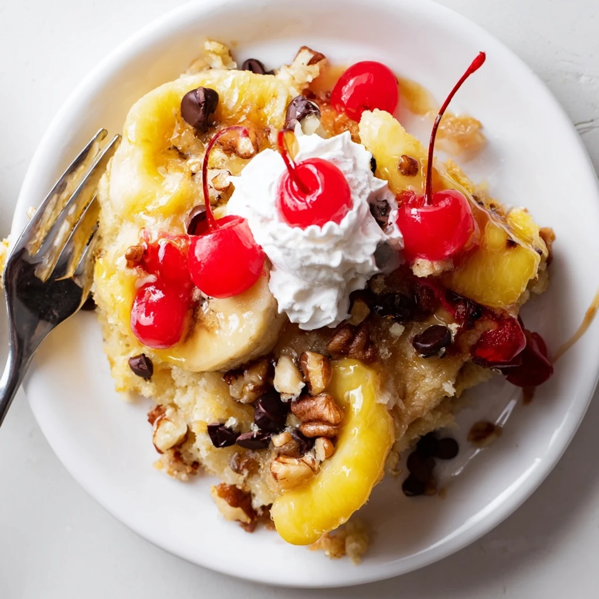 Sliced bananas and pineapple tucked under a golden Banana Split Dump Cake