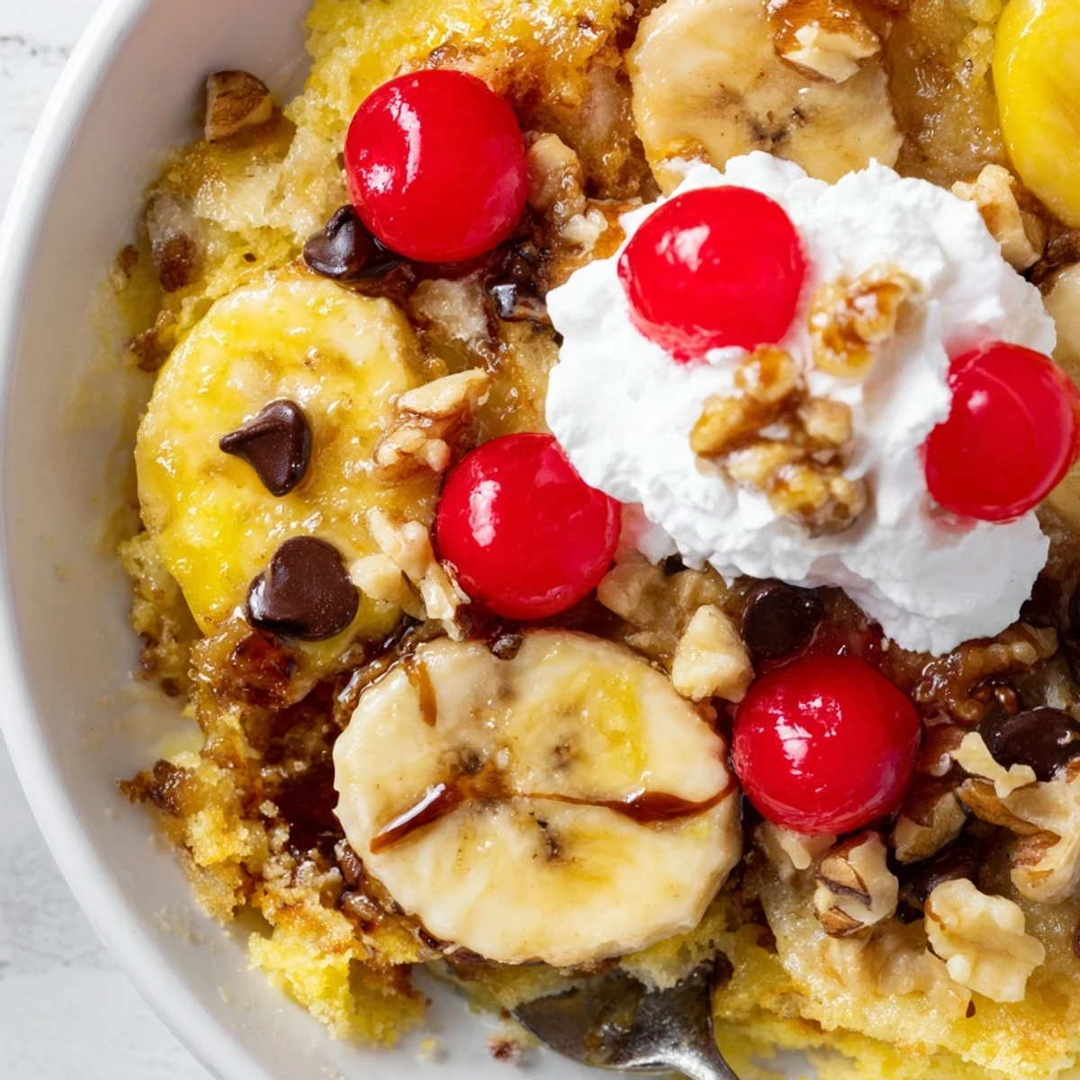 Classic Banana Split Dump Cake served warm with vanilla ice cream and cherries