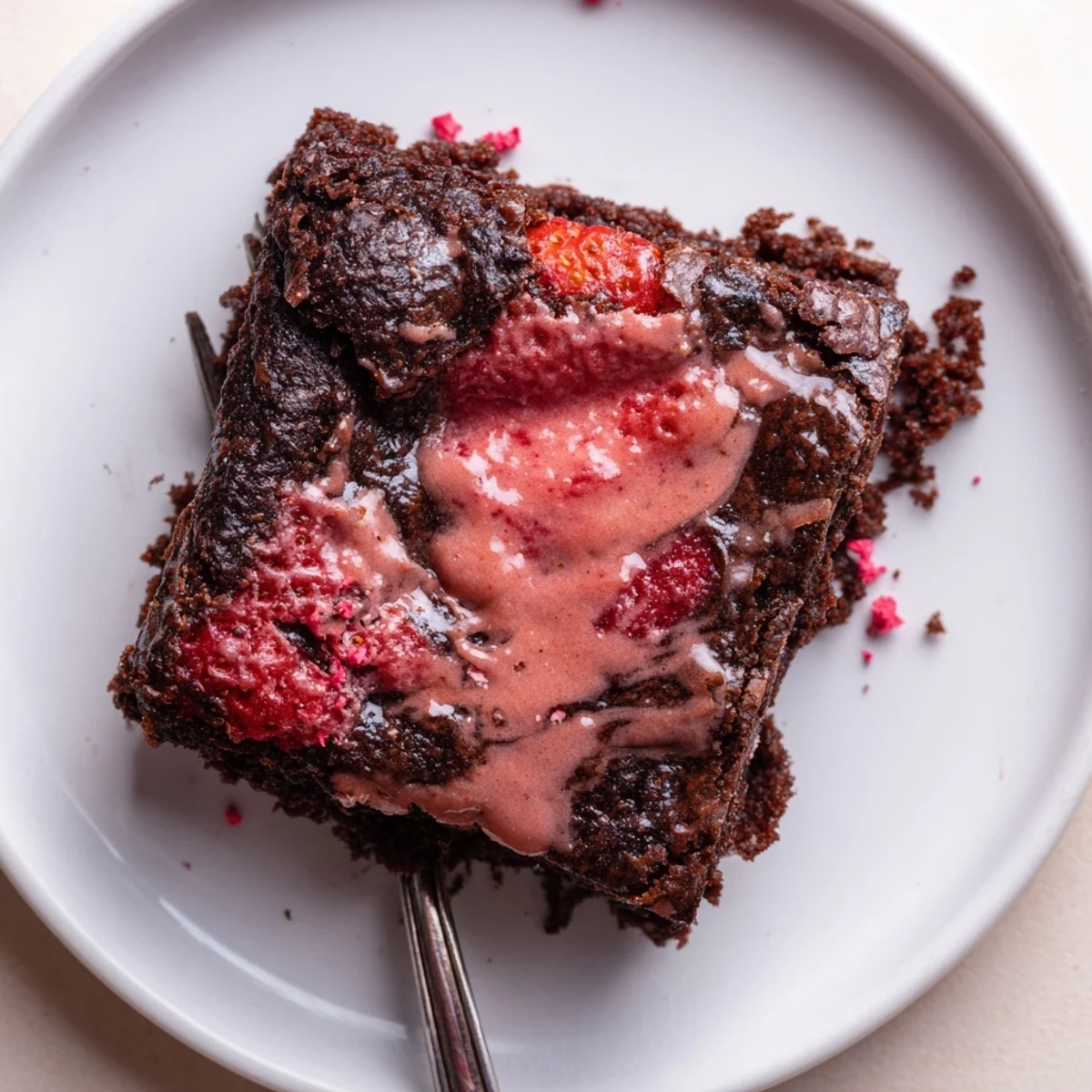 Warm squares of Strawberry Brownies Recipe topped with whipped cream and berries.