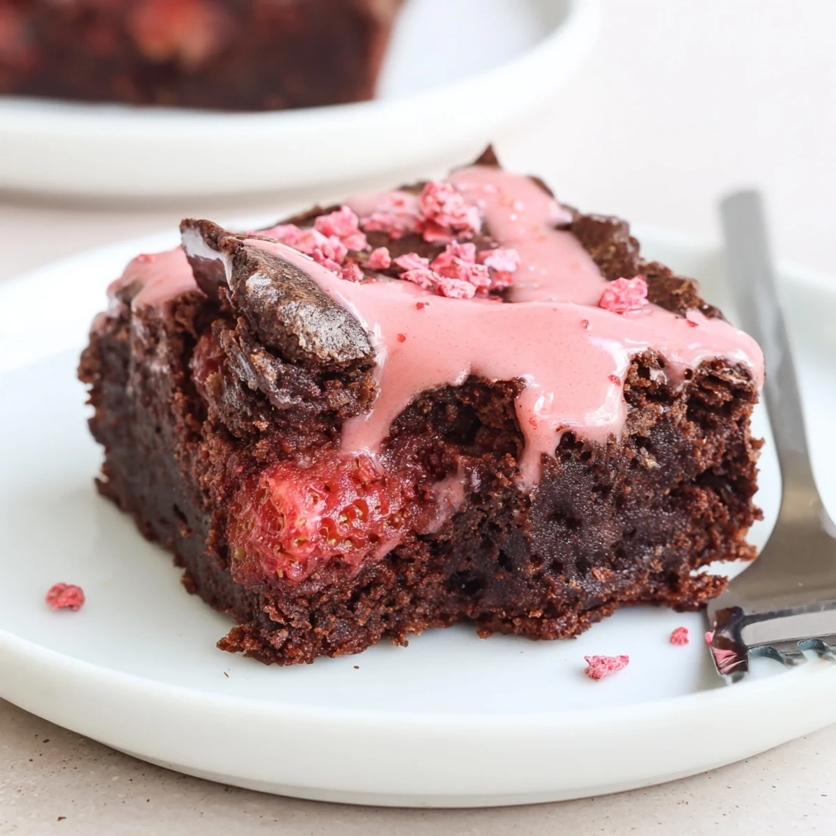 Fudgy Strawberry Brownies Recipe cooling on parchment-lined pan, glossy strawberry glaze.