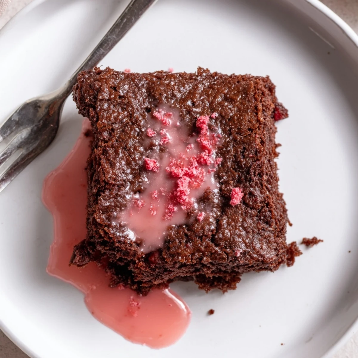 A cut Strawberry Brownies Recipe reveals moist, chocolate-scented crumb with bright glaze.