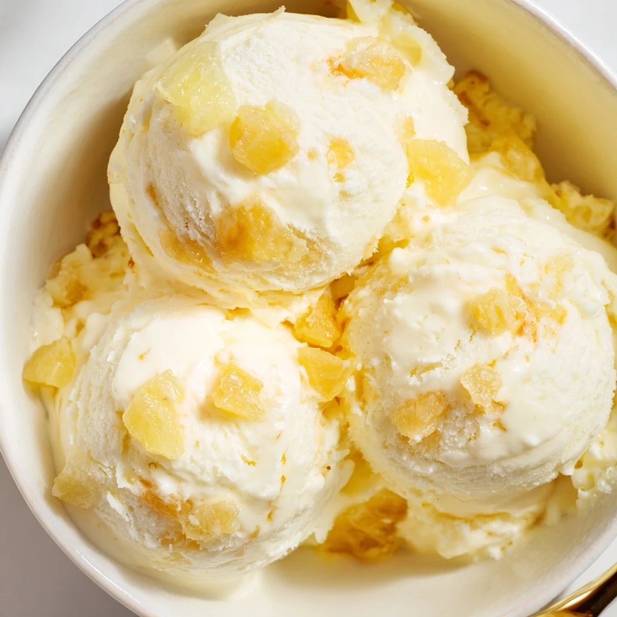 Homemade Creamy Pineapple Ice Cream topped with toasted coconut, bright lemony tang