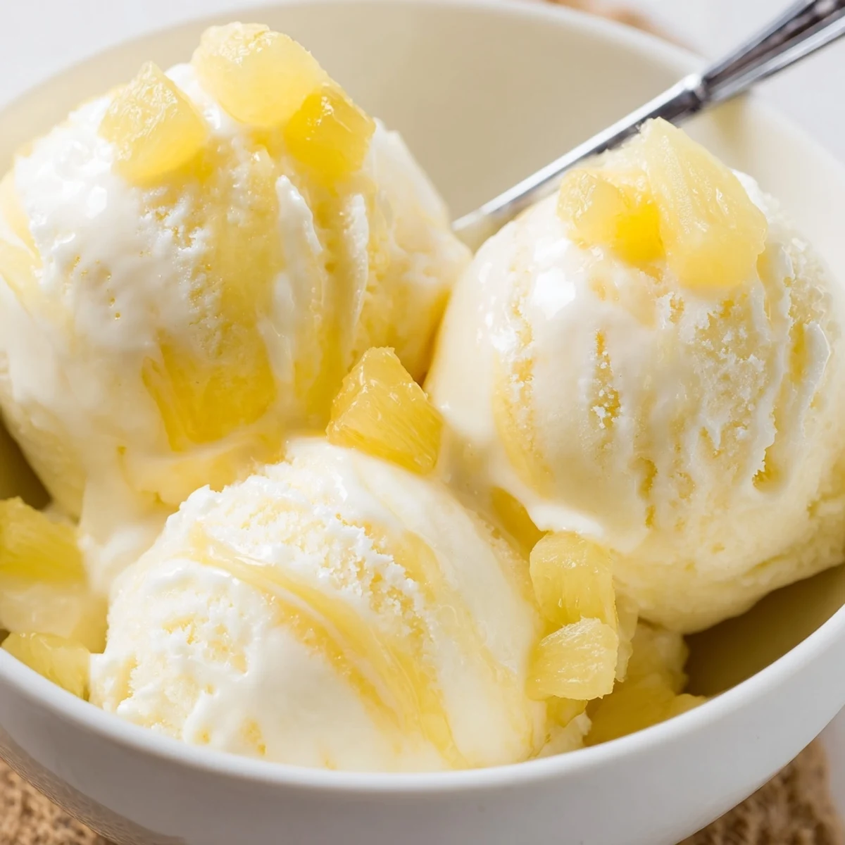 Creamy Pineapple Ice Cream scoops melting on plate, pale golden, tropical aroma