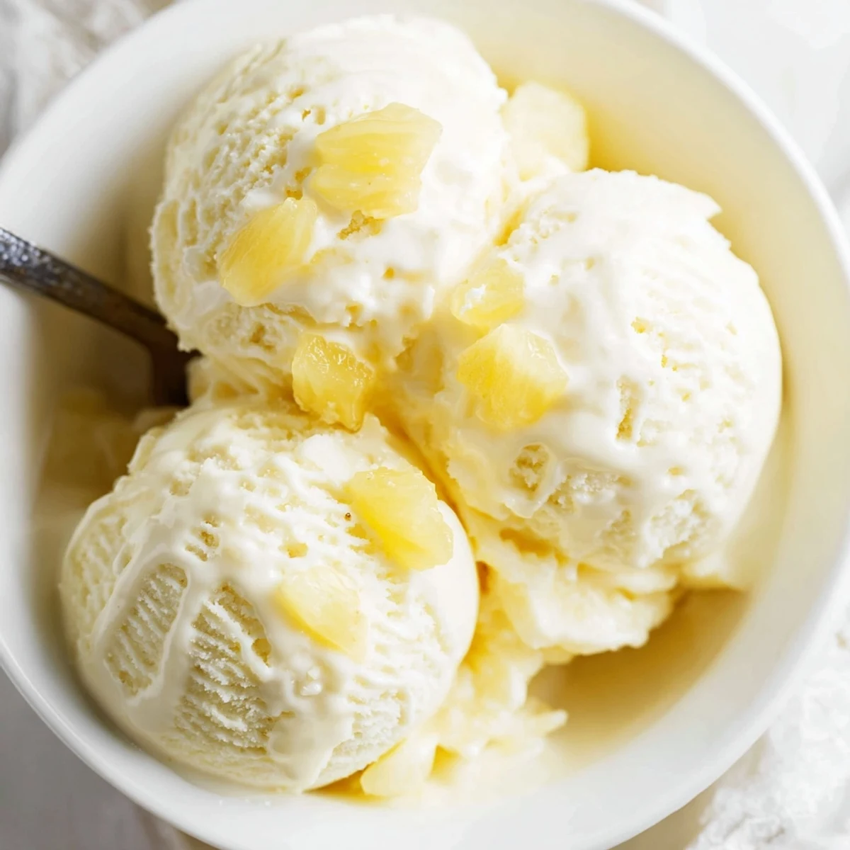 Churned Creamy Pineapple Ice Cream in freezer-safe container, soft scoopable texture
