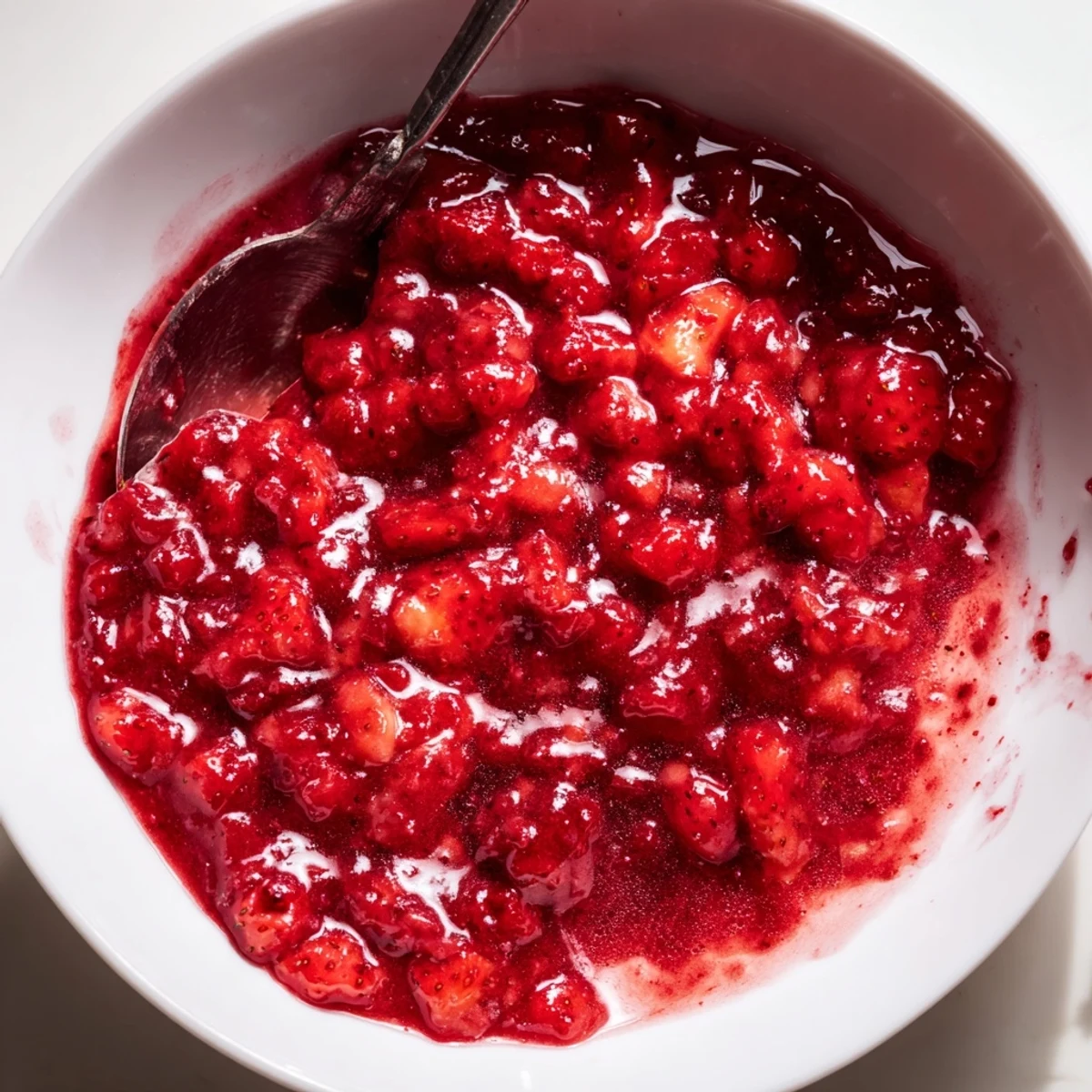 Strawberry Cake Filling Recipe showing glossy, jam-like strawberries cooling in saucepan