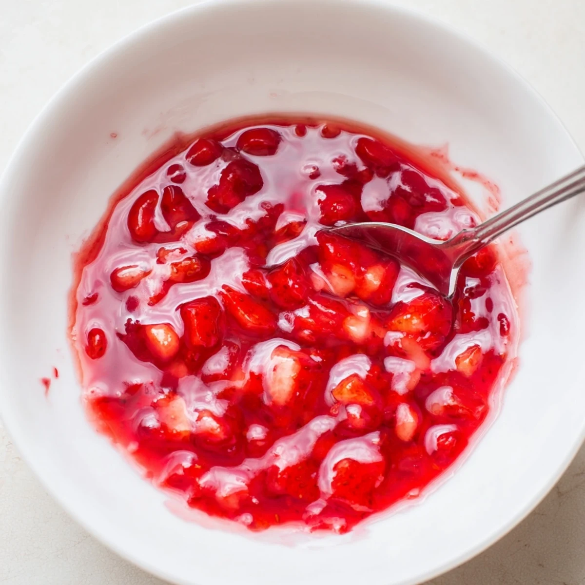 Sweet Strawberry Cake Filling Recipe layered between soft vanilla cake slices, ready to spread