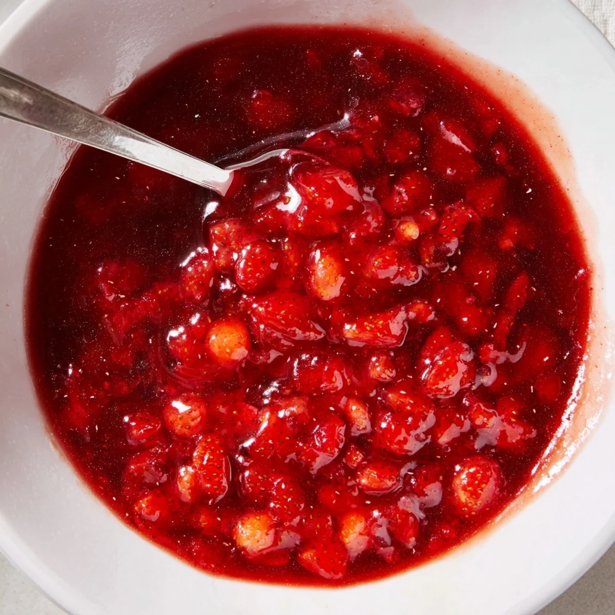 Warm, fragrant Strawberry Cake Filling Recipe glossy with lemon brightness, spoon beside bowl