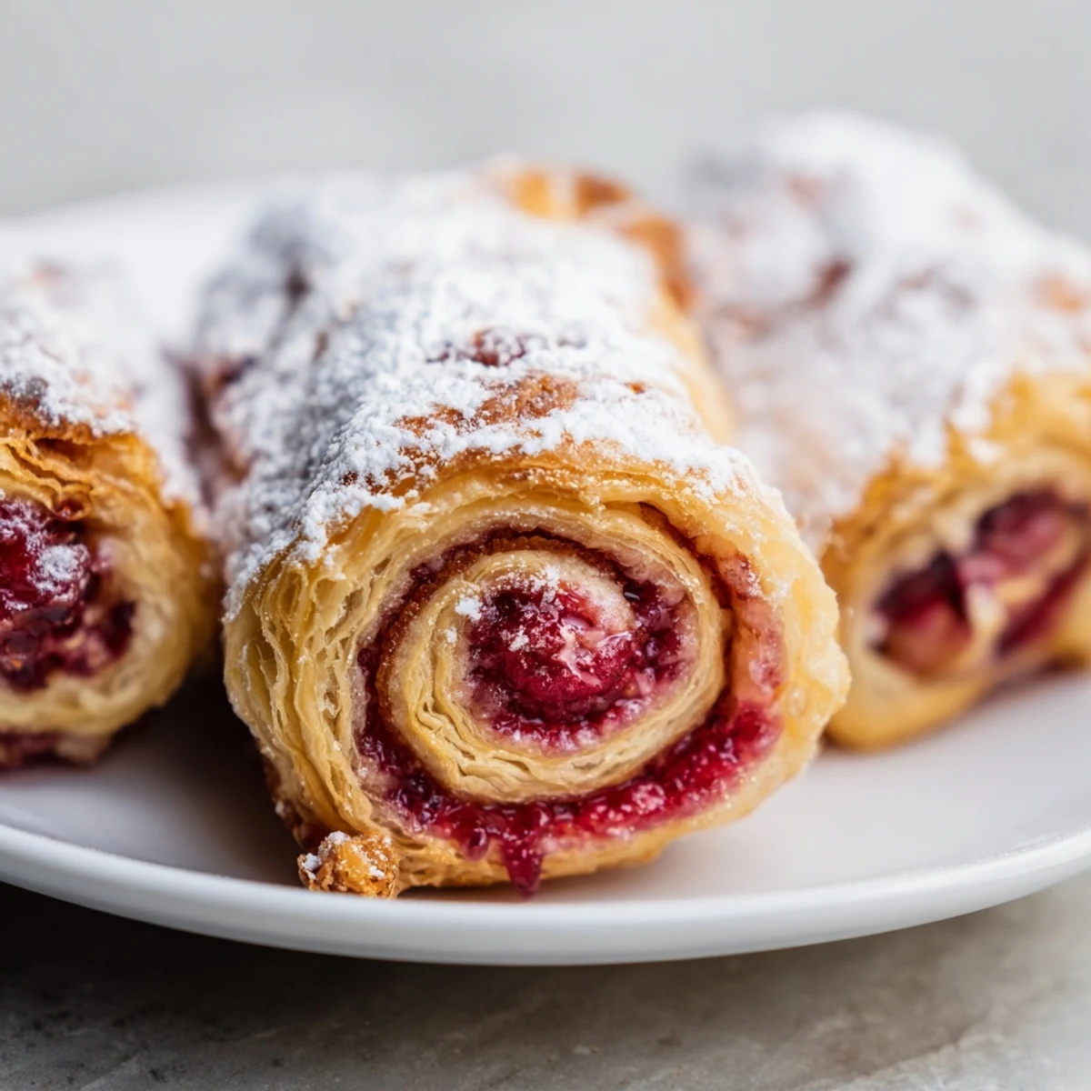 Flaky baked raspberry puff pastry rolls arranged on a parchment-lined baking sheet with sweet raspberry filling
