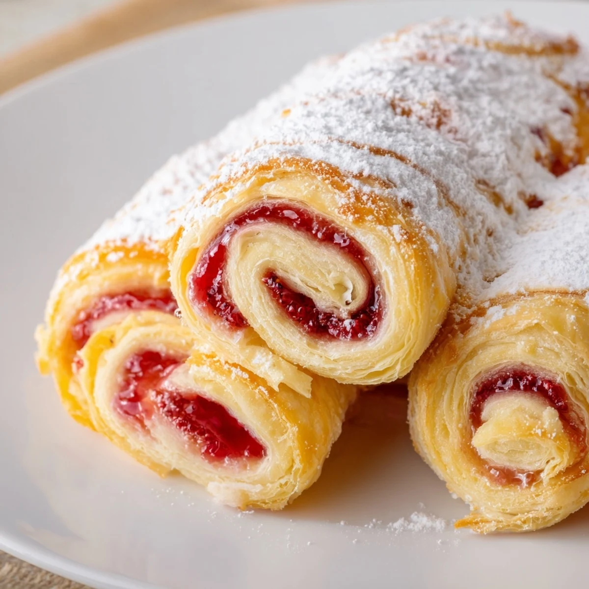 Golden raspberry puff pastry rolls spiraled with red preserves and dusted with white powdered sugar