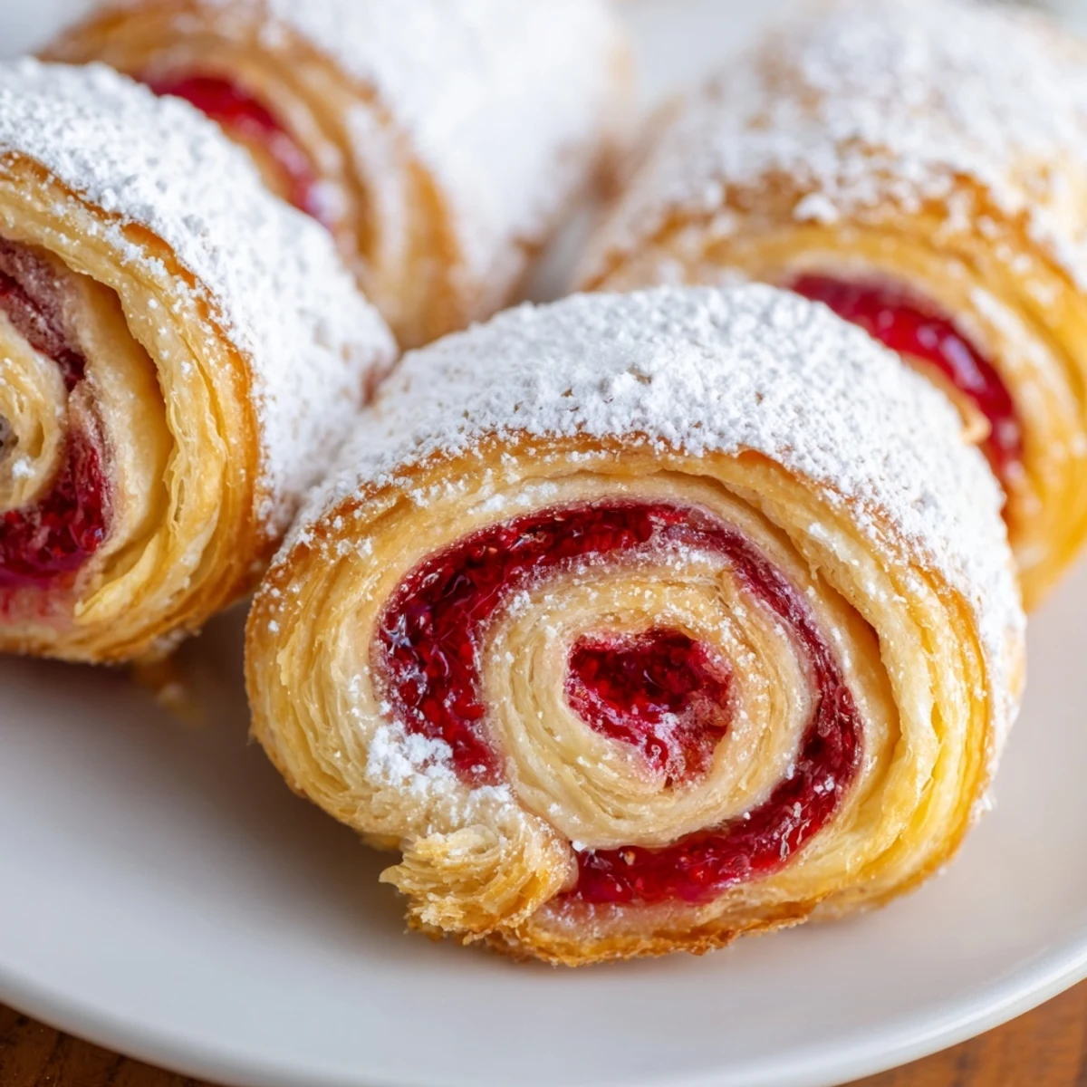 Freshly baked raspberry puff pastry rolls featuring golden layers and bright red jam swirls topped with sugar