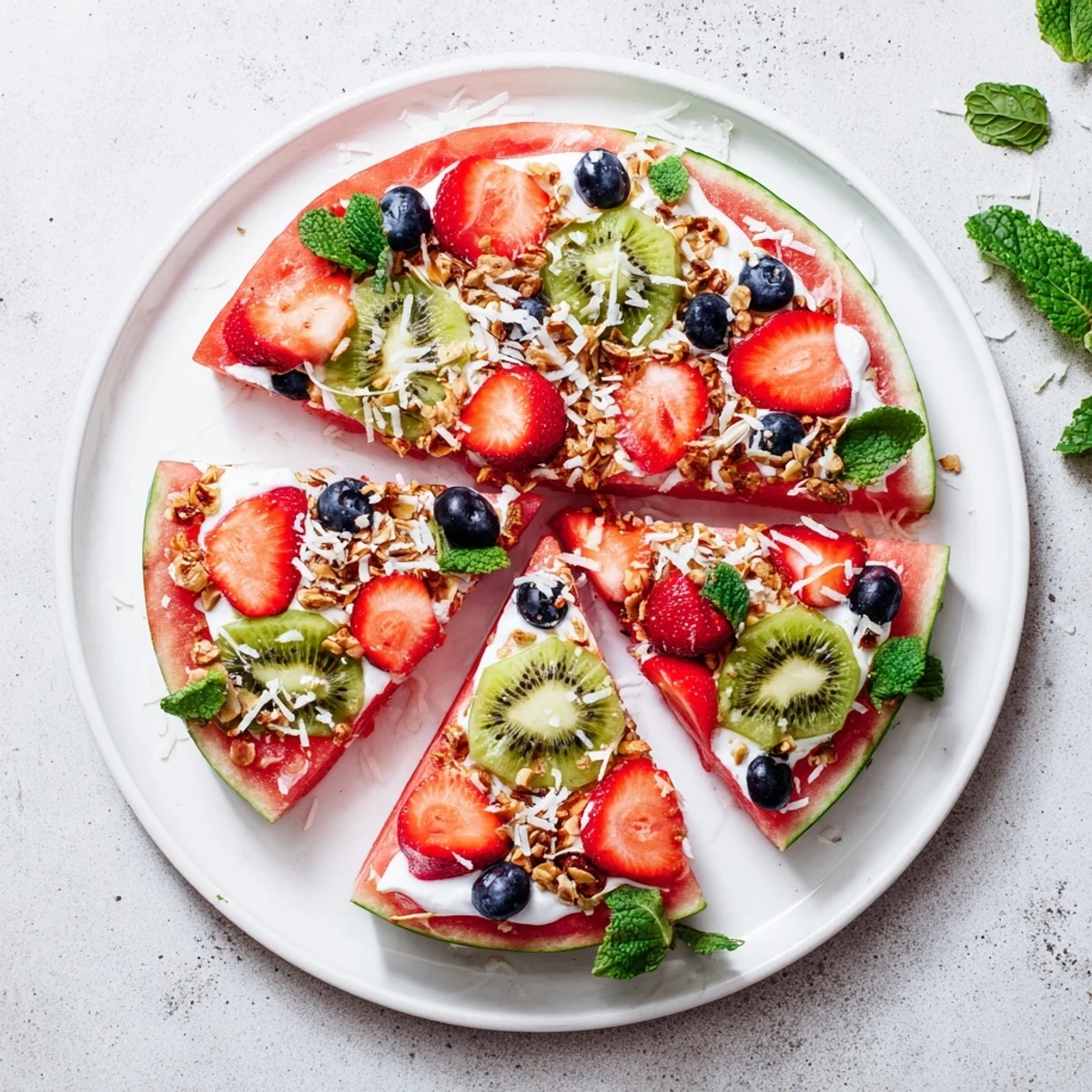 Refreshing watermelon pizza slice featuring vanilla yogurt and vibrant kiwi strawberry topping