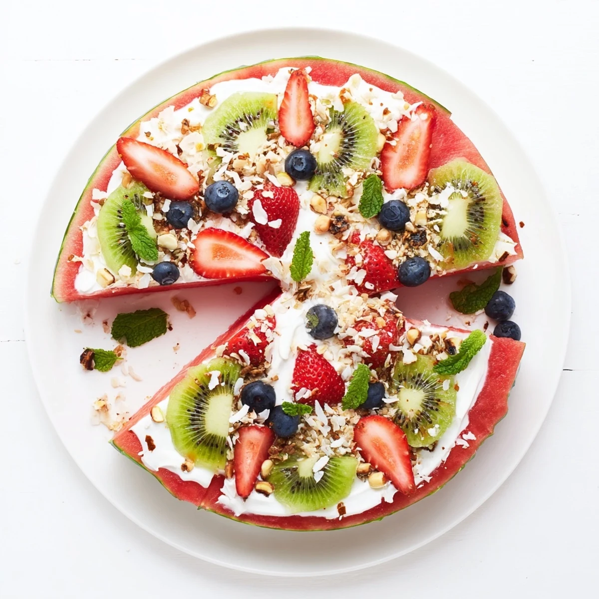 Colorful watermelon pizza topped with creamy Greek yogurt and fresh summer berries
