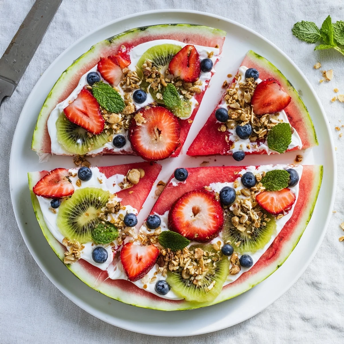 Vibrant dessert pizza made with juicy watermelon base topped with assorted fresh fruits