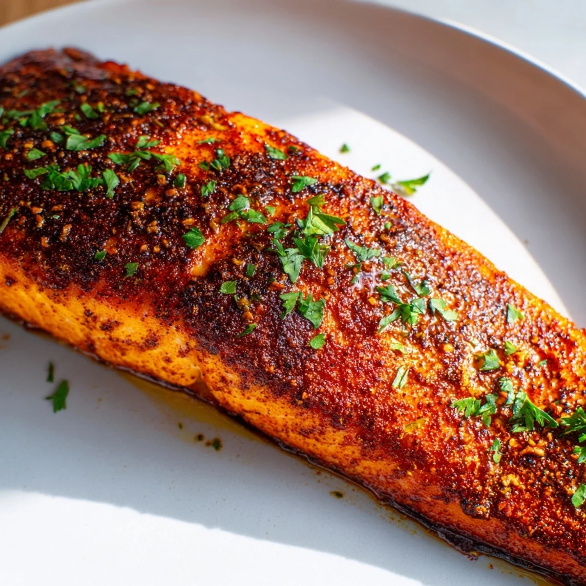 Golden brown Cajun honey salmon fillets with caramelized honey glaze and fresh parsley garnish on a white baking sheet