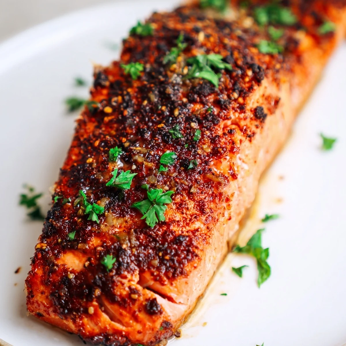 Spicy rubbed Cajun honey salmon baked to flaky perfection with glossy sweet glaze and lemon wedges on the side