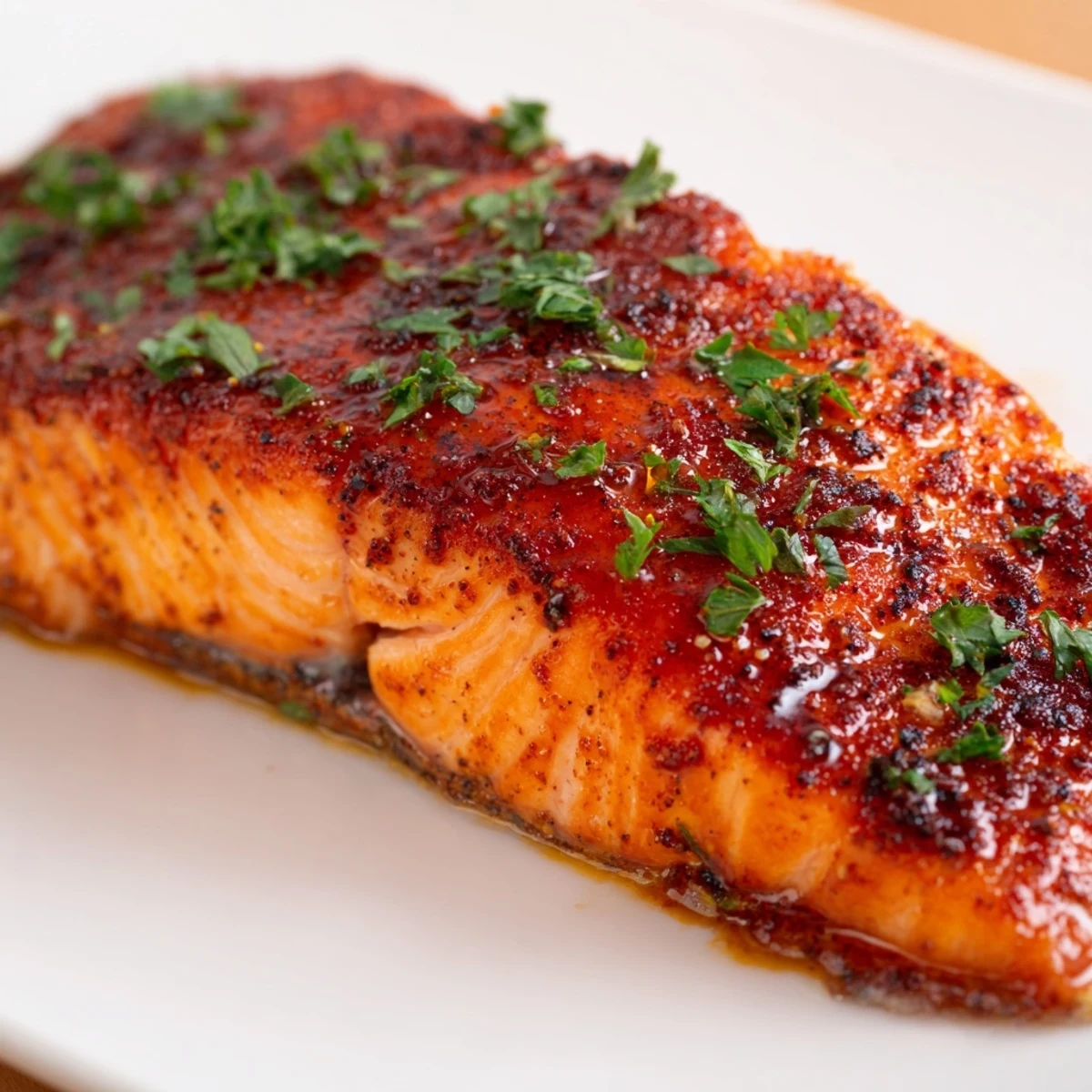 Oven-baked Cajun honey salmon with reddish spice crust and dripping honey butter glaze ready for a quick weeknight dinner