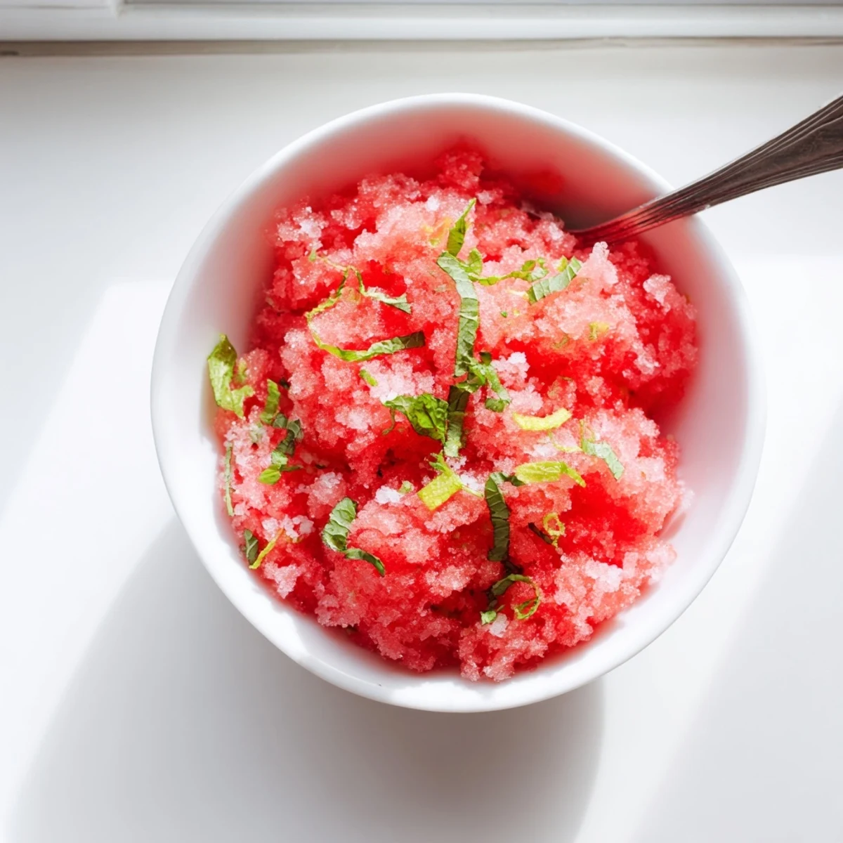 Fluffy watermelon granita served in chilled glasses with fresh mint garnish on a summer day