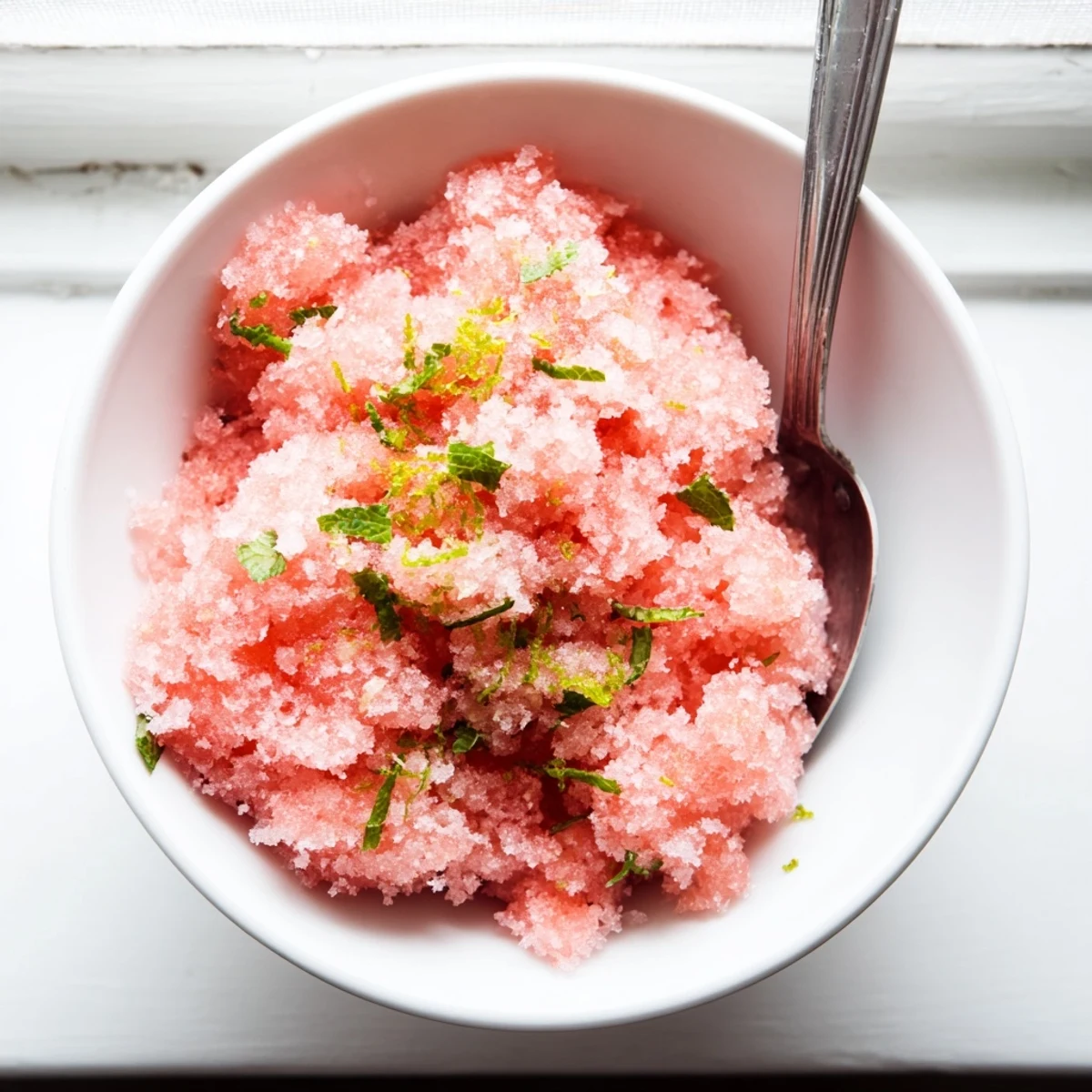 Raspberry-pink watermelon granita texture showing icy crystals scraped into a refreshing frozen dessert bowl