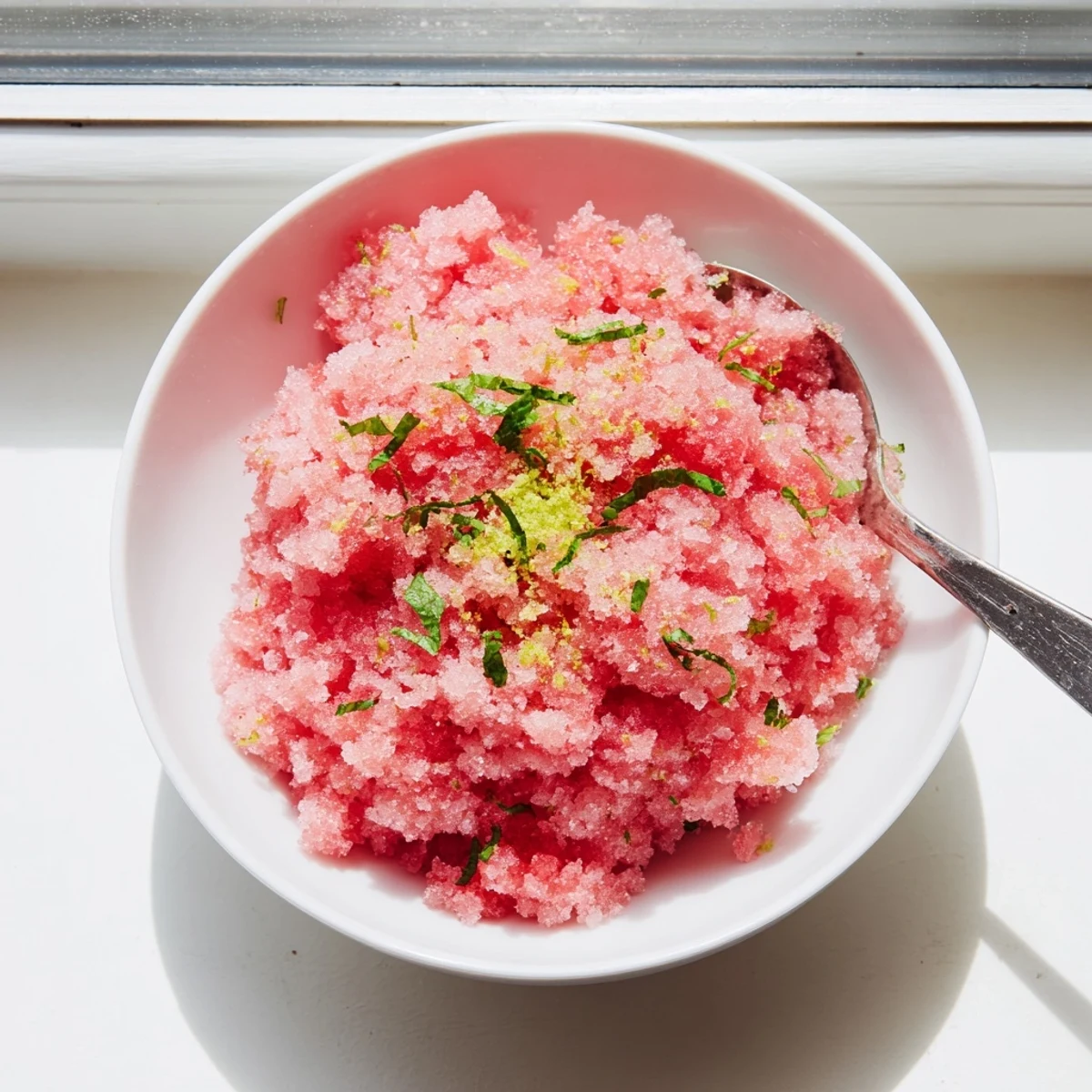 Vegan watermelon granita with lime juice and chopped mint ready for hot weather entertaining