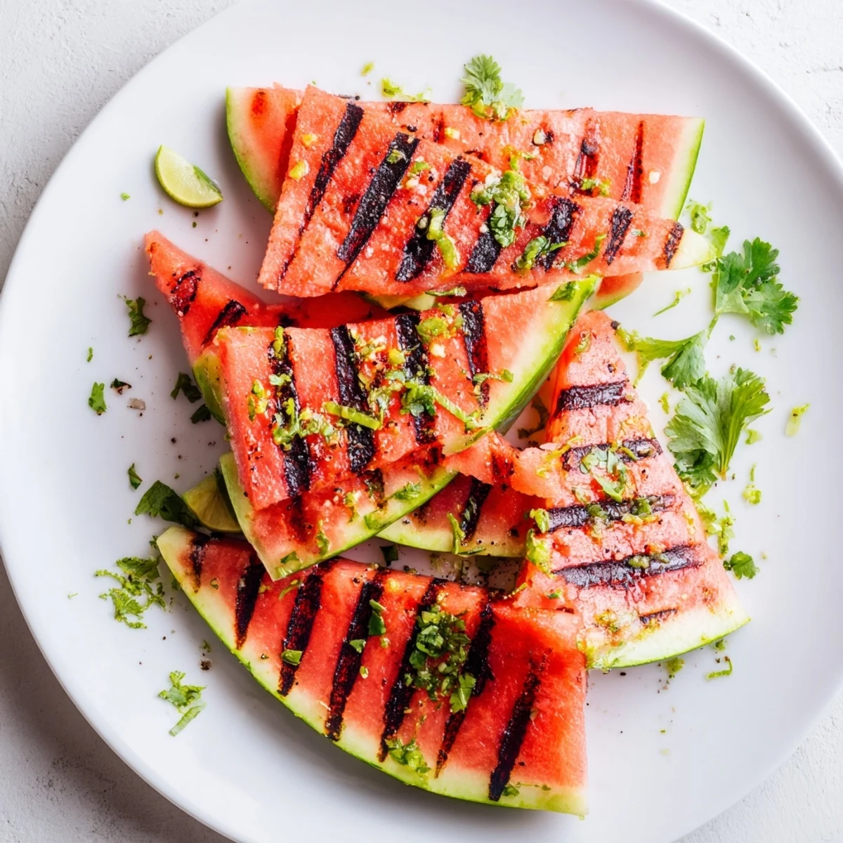 Grilled watermelon wedges topped with fresh cilantro and zesty lime zest