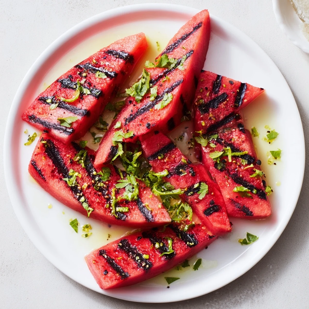 Smoky charred watermelon slices drizzled with lime juice and sprinkled with herbs