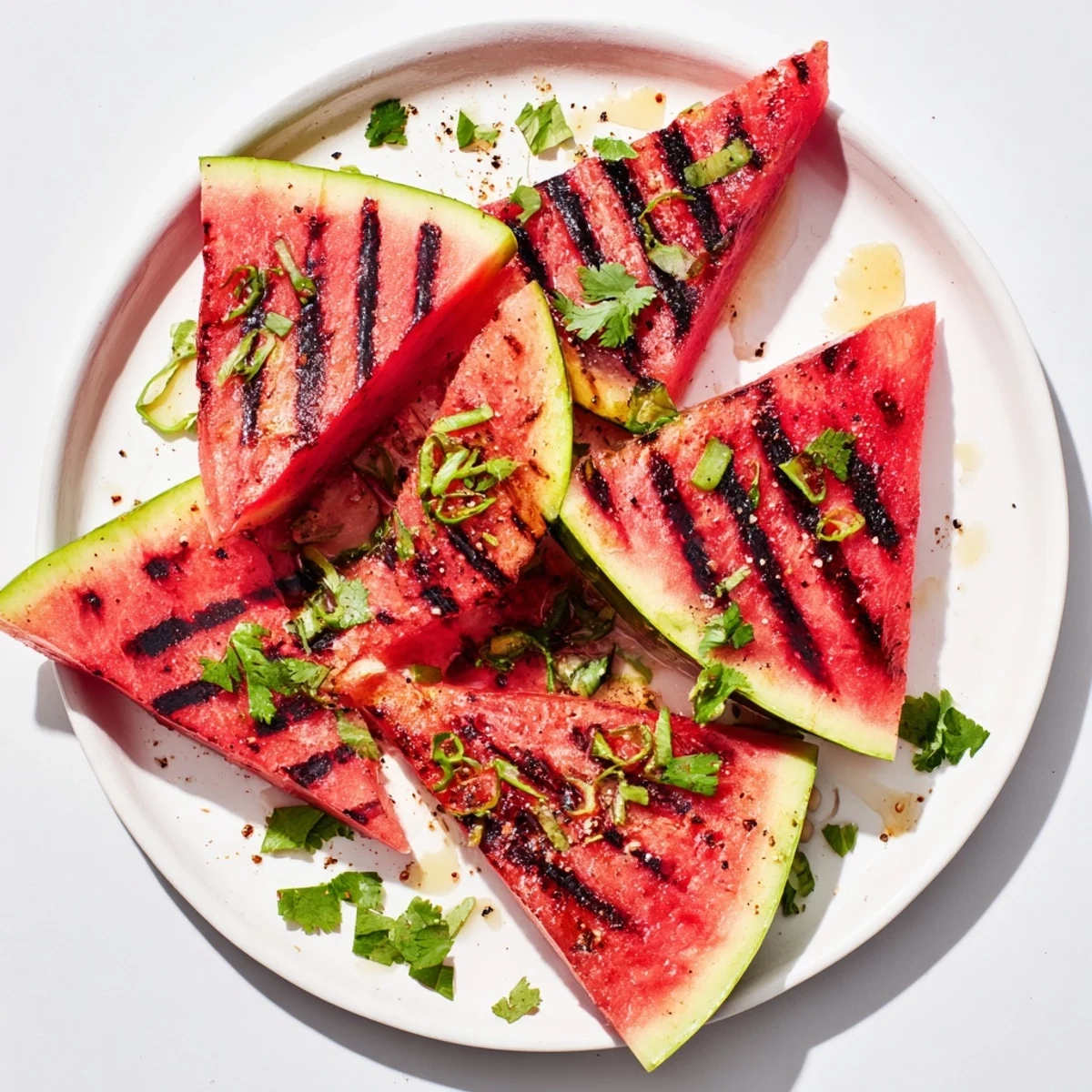 Cilantro lime grilled watermelon served on a white platter with green garnish