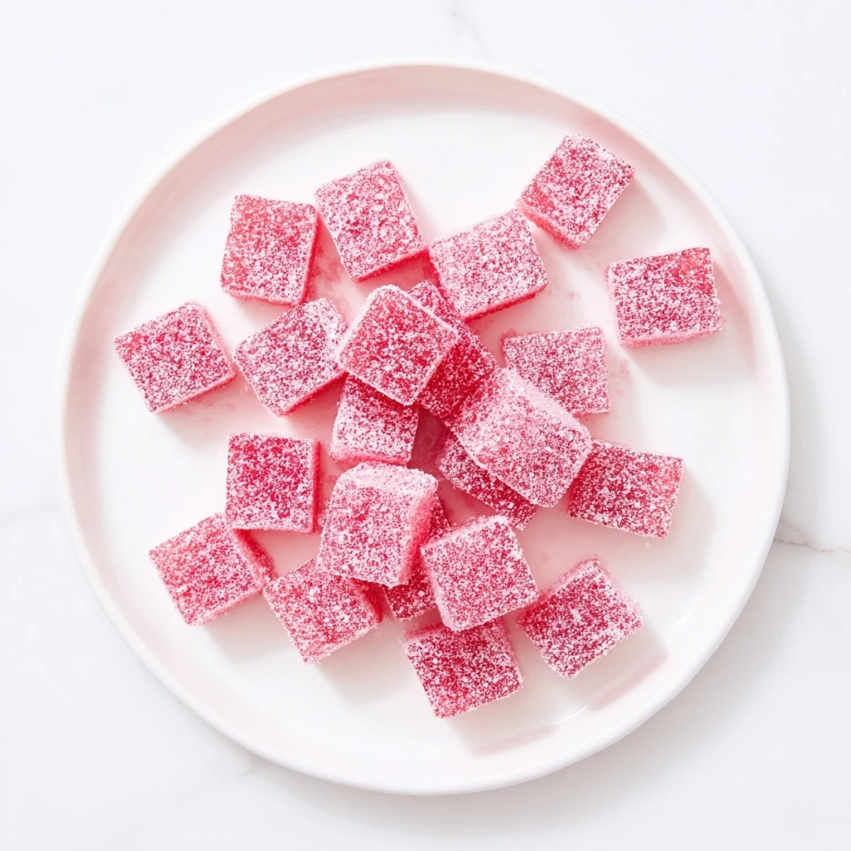 Pink watermelon fruit chews cut into squares and rolled in sour sugar coating