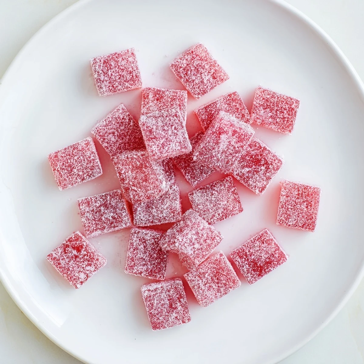 Homemade sour watermelon fruit chews arranged on parchment paper with white crystallized coating