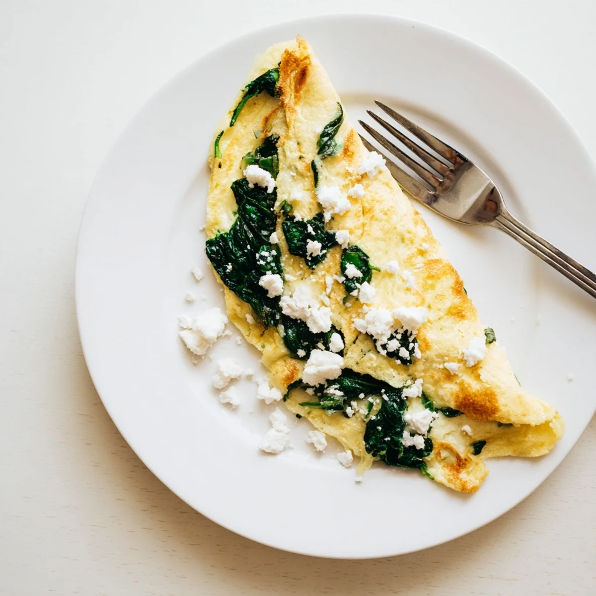 Golden spinach feta omelet folded over tender wilted spinach and crumbled creamy white cheese
