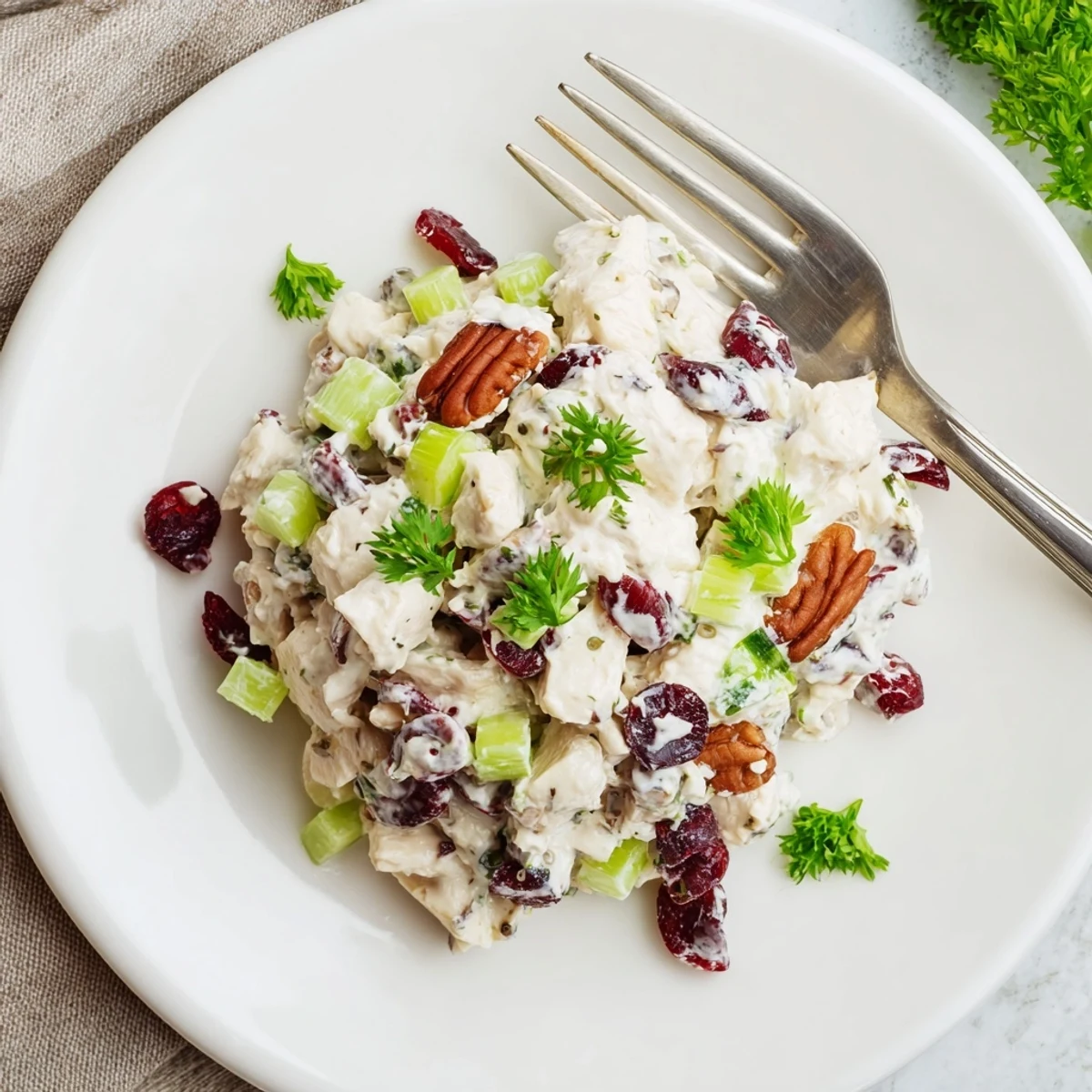 Creamy cranberry pecan chicken salad with dried cranberries and toasted pecans in white bowl