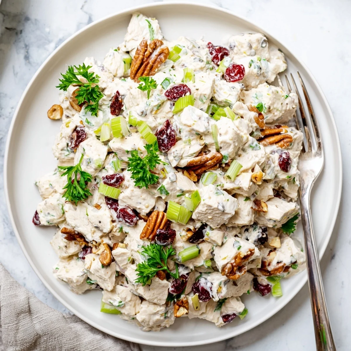 Cranberry pecan chicken salad recipe served over fresh green lettuce with parsley garnish