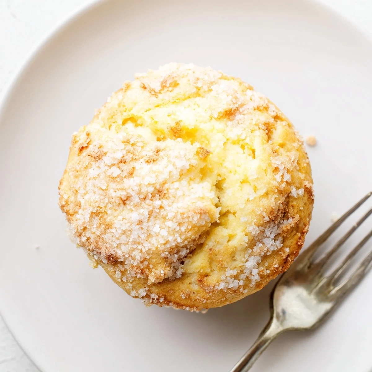 Golden lemon cream cheese muffins with coarse sugar topping baked in a paper-lined muffin tin
