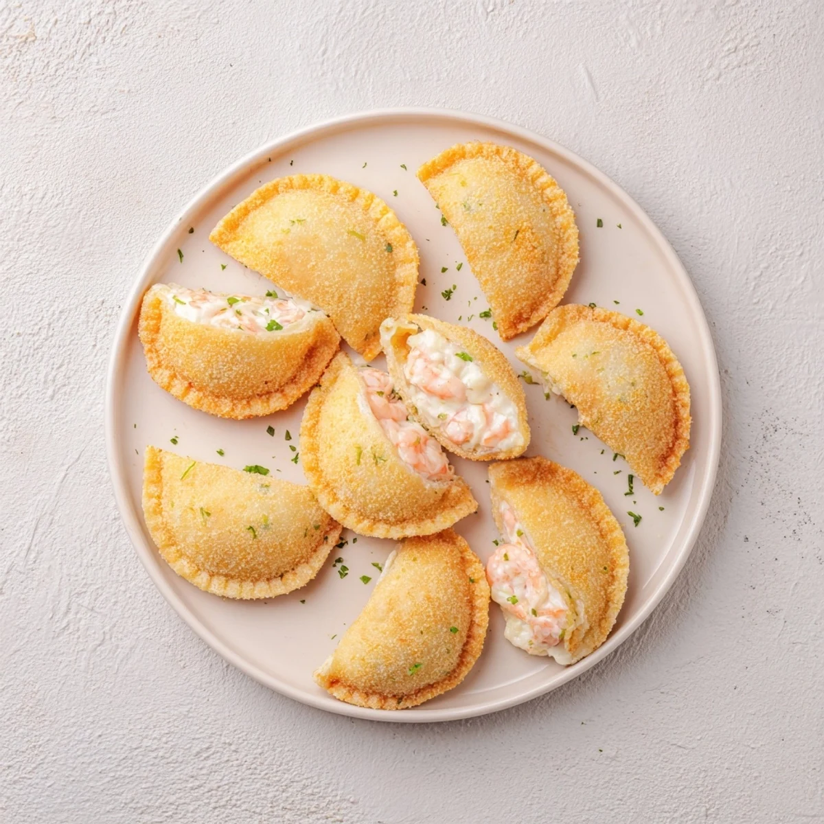 Golden Portuguese shrimp rissois with crispy breadcrumb coating and creamy seafood filling