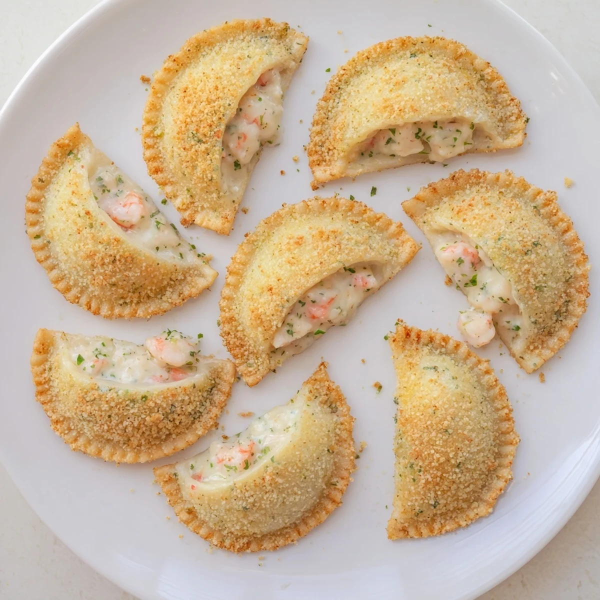 Half-moon shaped Portuguese shrimp rissois fried to golden perfection on serving platter