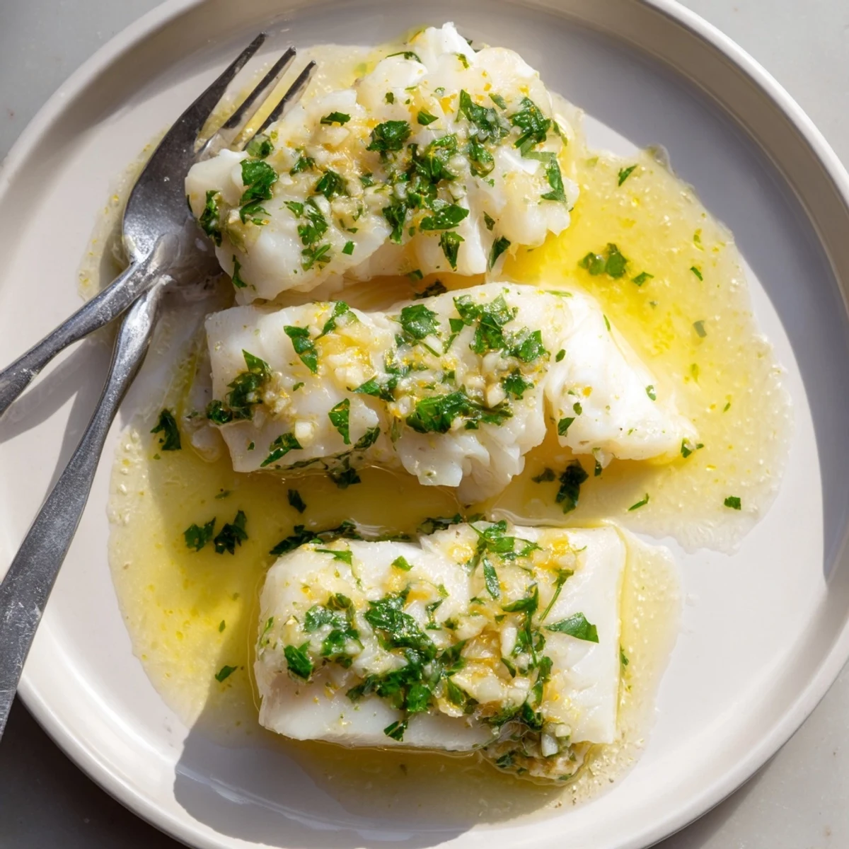 Golden pan-seared cod fillets swimming in a rich lemon garlic butter sauce with fresh parsley