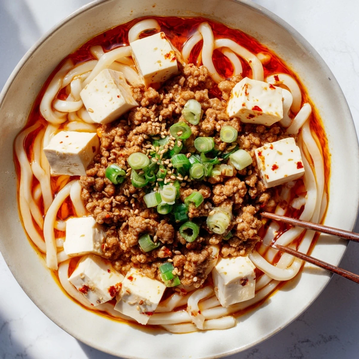 Thick spicy sauce coats soft tofu cubes and udon noodles in this comforting fusion noodle bowl
