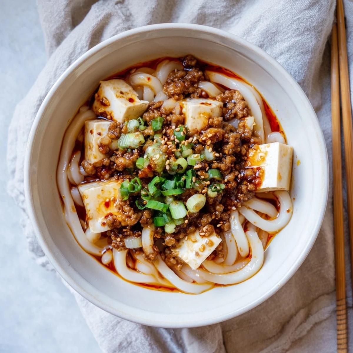 Steaming bowl of Mapo Tofu Udon features chewy noodles topped with spicy tofu and aromatic garnishes