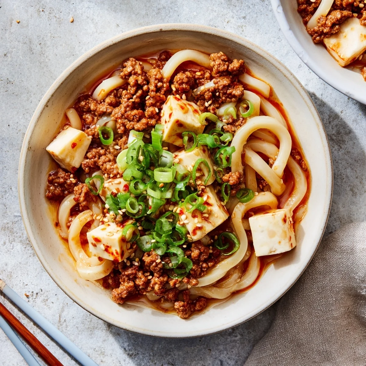 Mapo Tofu Udon served hot with vibrant green onions, sesame seeds, and rich red chili sauce