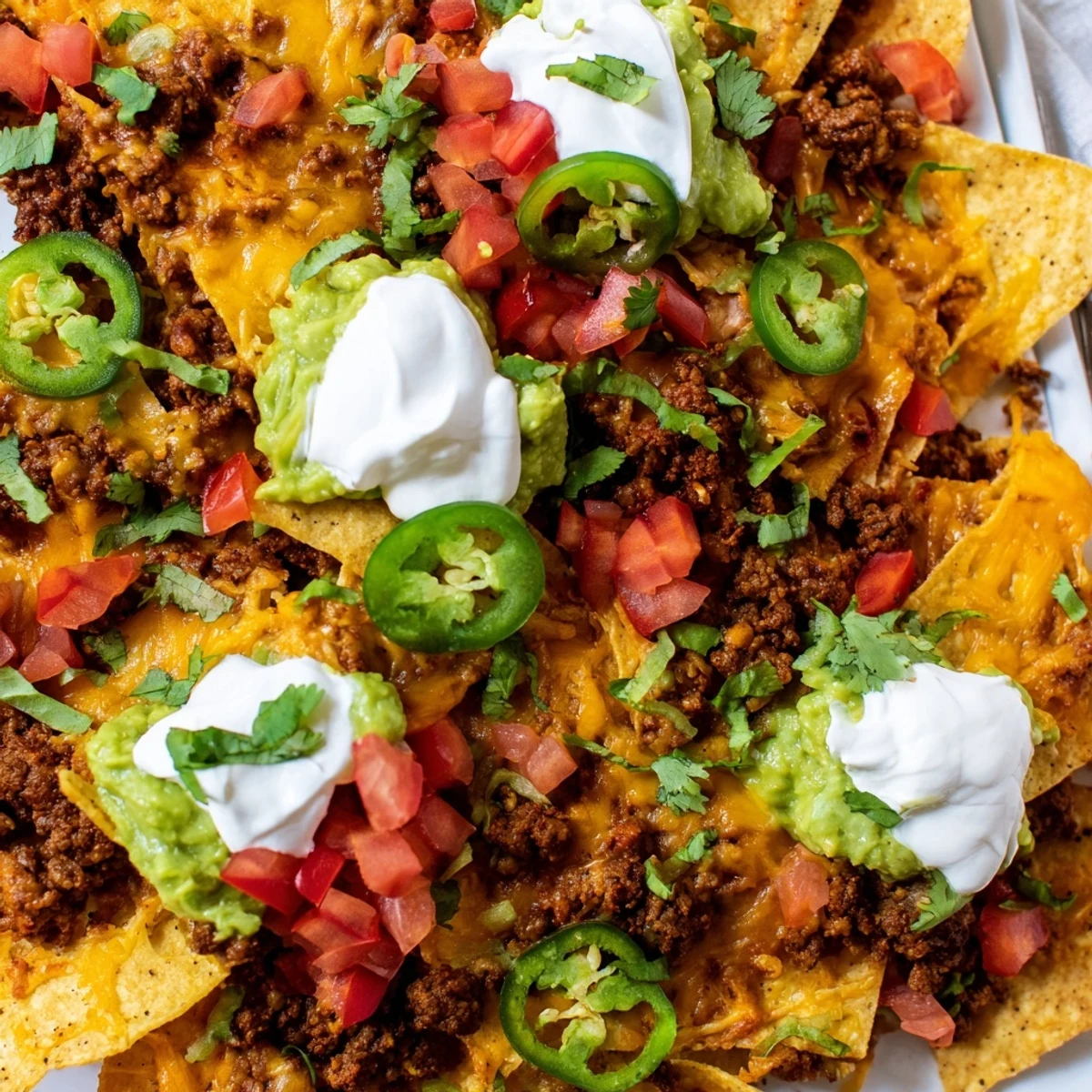 Golden Texas nachos piled high with seasoned ground beef melted cheddar cheese